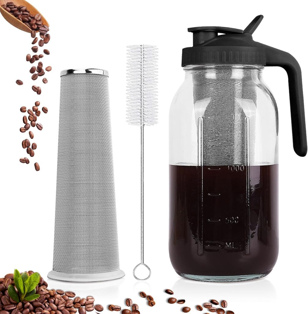 Cold Brew Coffee Maker,64 oz Mason Jar Pitcher with Stainless Steel Filter ECF