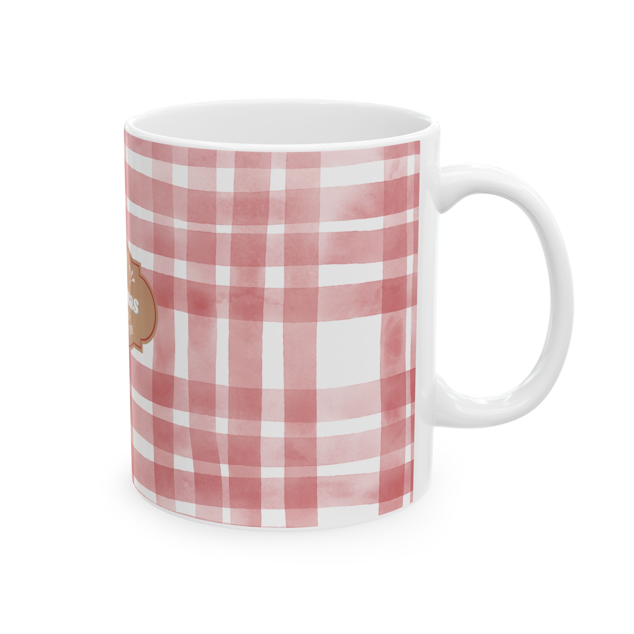 Merry Christmas Ceramic Mug Pink Plaid– ECF Signature Holiday Collection - Image 4