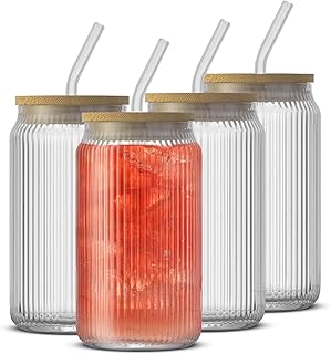 Ribbed glass coffee cups with straws