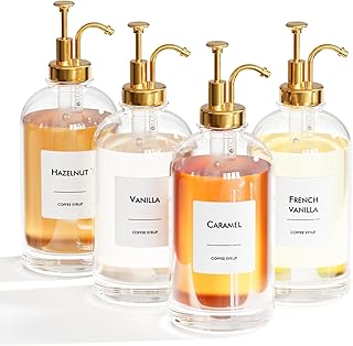 Glass syrup dispensers with minimalist labels